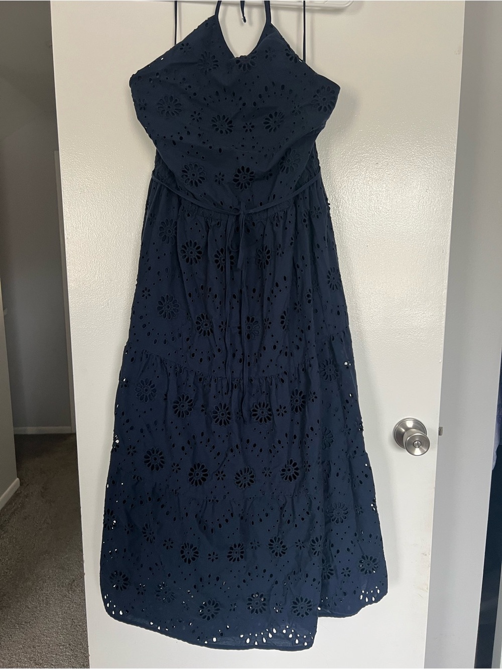 Time and Tru Navy Eyelet Halter Maxi Dress